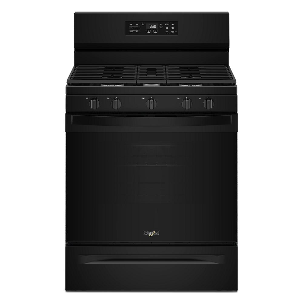 Matte black gas range with five burners, digital control panel, and spacious oven from kitchen appliances collection