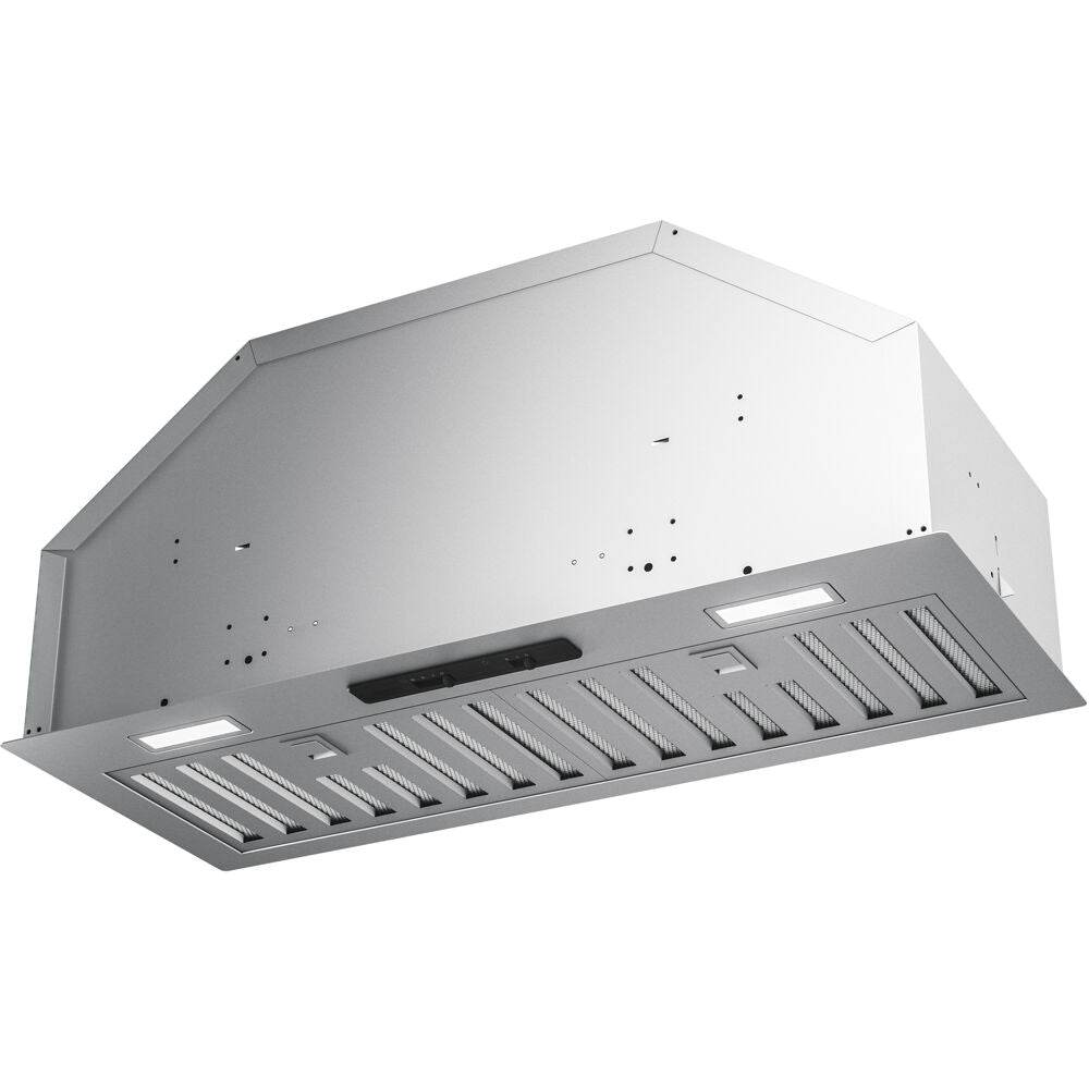 Stainless steel 34-inch insert range hood with LED lights and hybrid baffle filters for kitchen ventilation and appliances