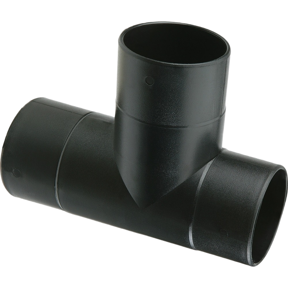 Black plastic T-shaped fitting for woodworking dust collection and air filtration systems under $50 tools