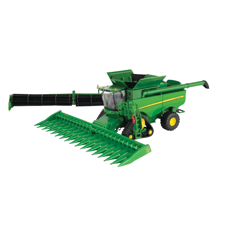 Green tracked combine model with yellow accents and detailed header for agricultural display or collection purposes