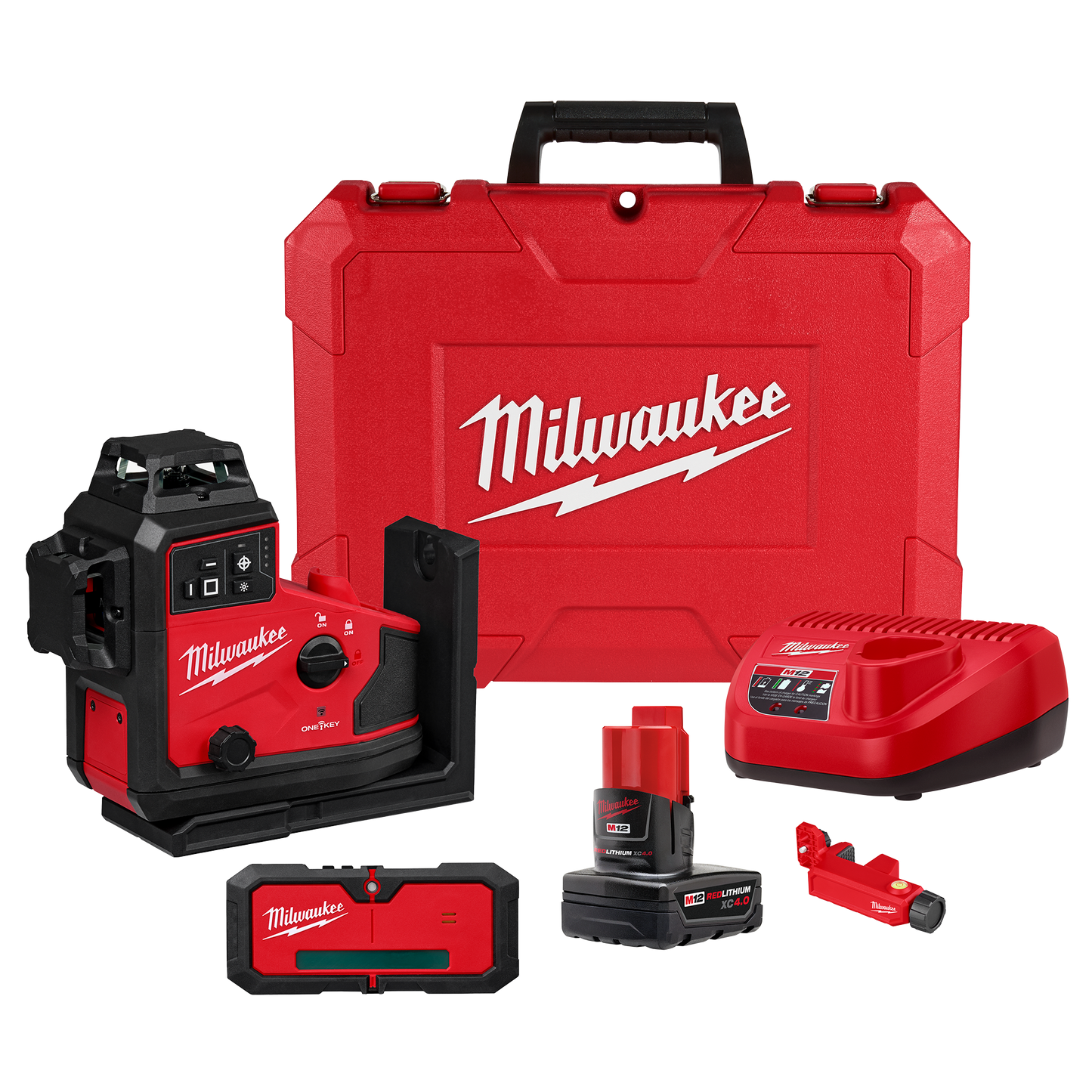 Red and black 3-plane laser level kit with battery, charger, and durable case for home improvement tools and projects