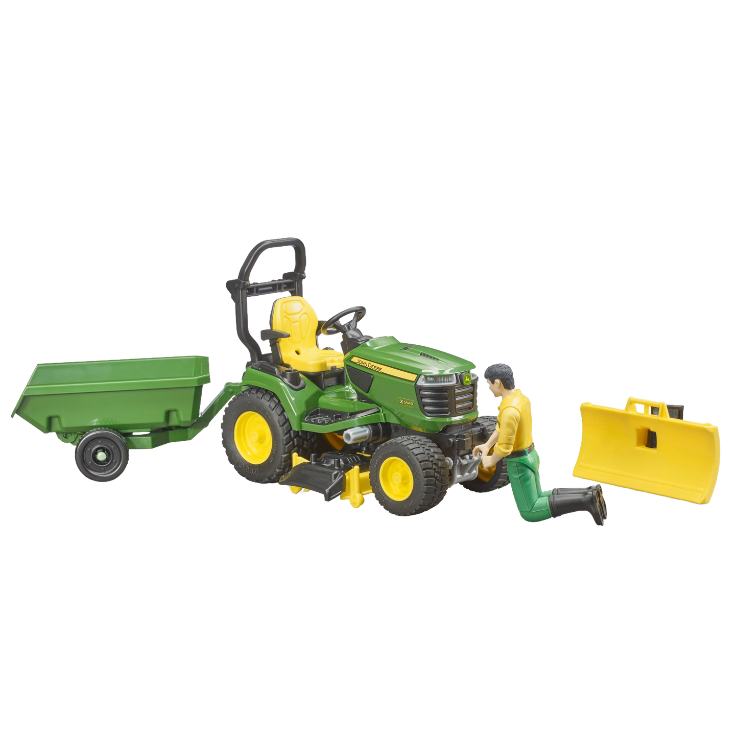 Green and yellow John Deere toy tractor with trailer, removable front loader, and kneeling figure from Bruder Toys collection