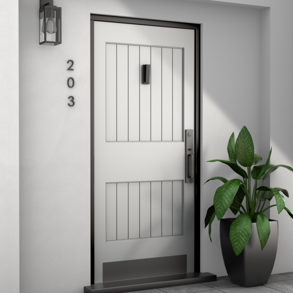 Matte black reed door knocker on white paneled door with modern lighting and house numbers in door accessories under $50