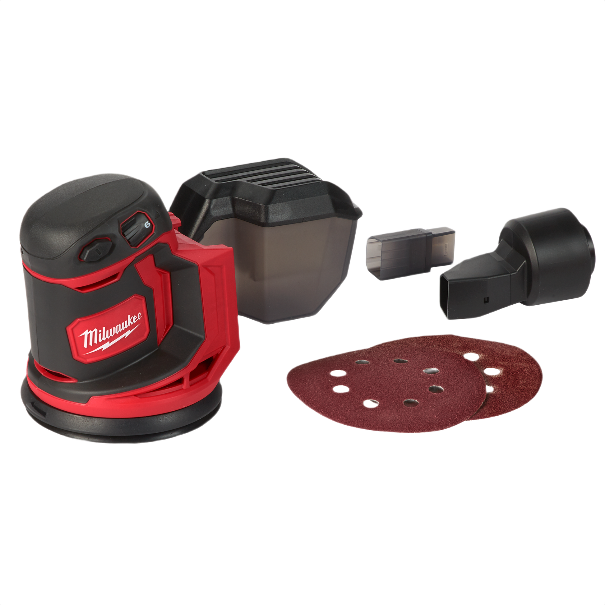 Red and black cordless random orbit sander with dust collection and sanding discs in woodworking tools collection