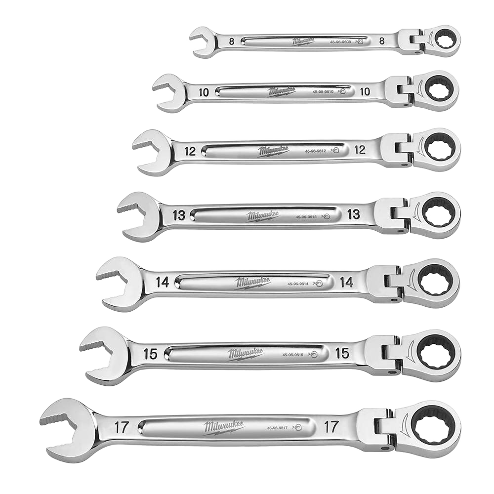 Set of seven polished metric flex head ratcheting combination wrenches designed for precise tool and home improvement tasks
