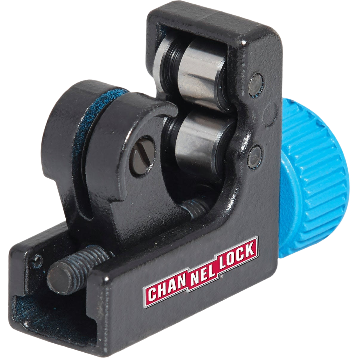 Compact metal tubing cutter with blue adjustment knob and Channellock logo for home improvement projects