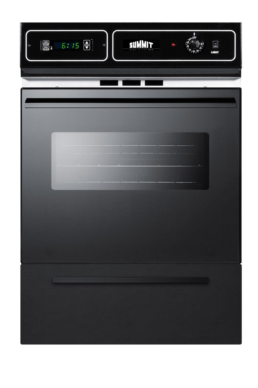Black gas wall oven with digital timer and control knob for cooking in kitchen appliances and wall ovens collections