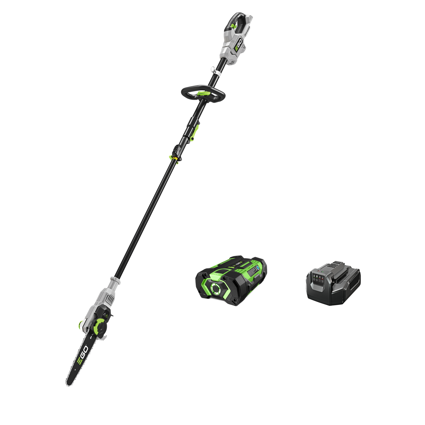 Green and black telescopic pole saw with detachable battery and charger for home improvement and outdoor tools use