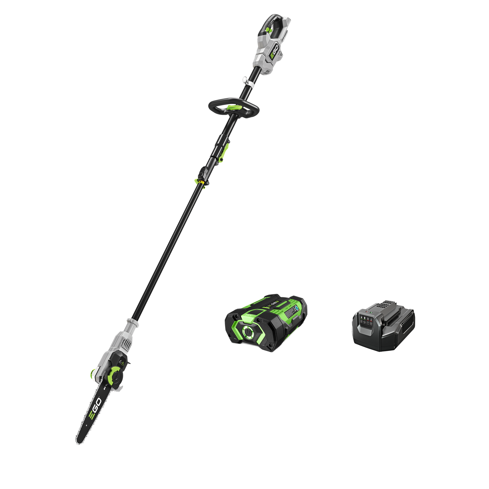 Green and black telescopic pole saw with detachable battery and charger for home improvement and outdoor tools use