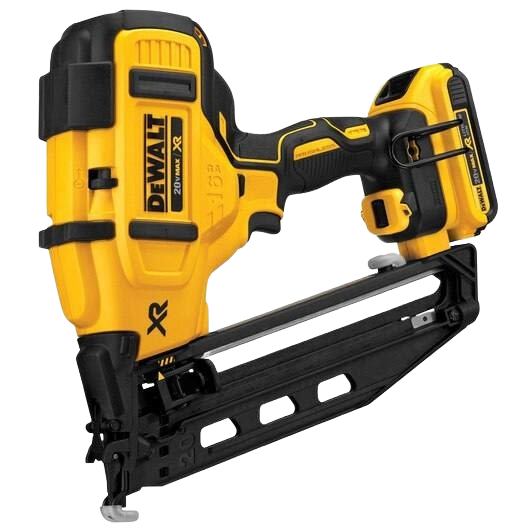 Cordless yellow and black angled finish nailer with ergonomic grip and battery for tools and home improvement tasks