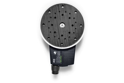 Top view of a black and white random orbit sander with ventilation holes for dust extraction in home improvement tools category