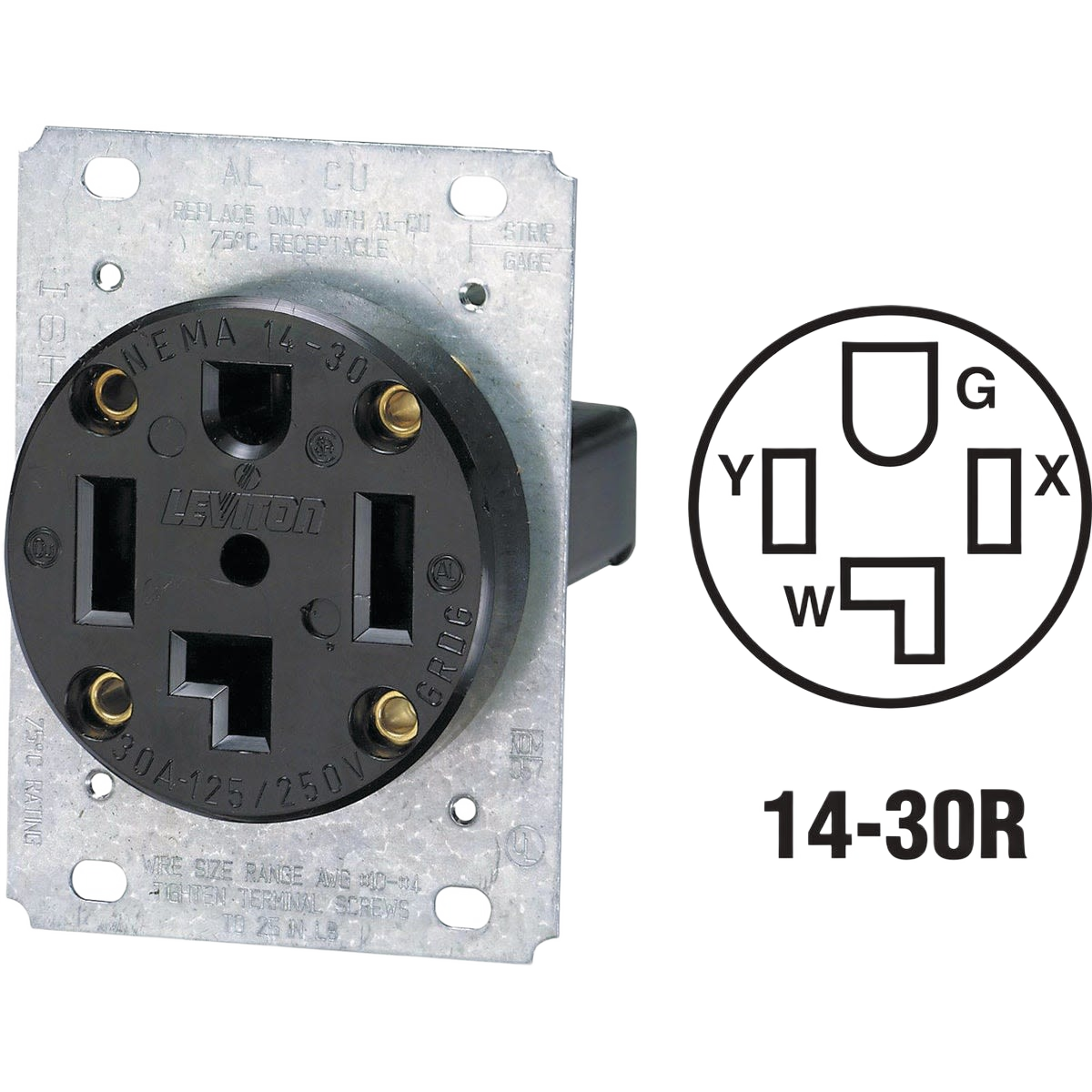 Black 30 amp flush mount four-wire dryer outlet with metal mounting plate for tools and home improvement use