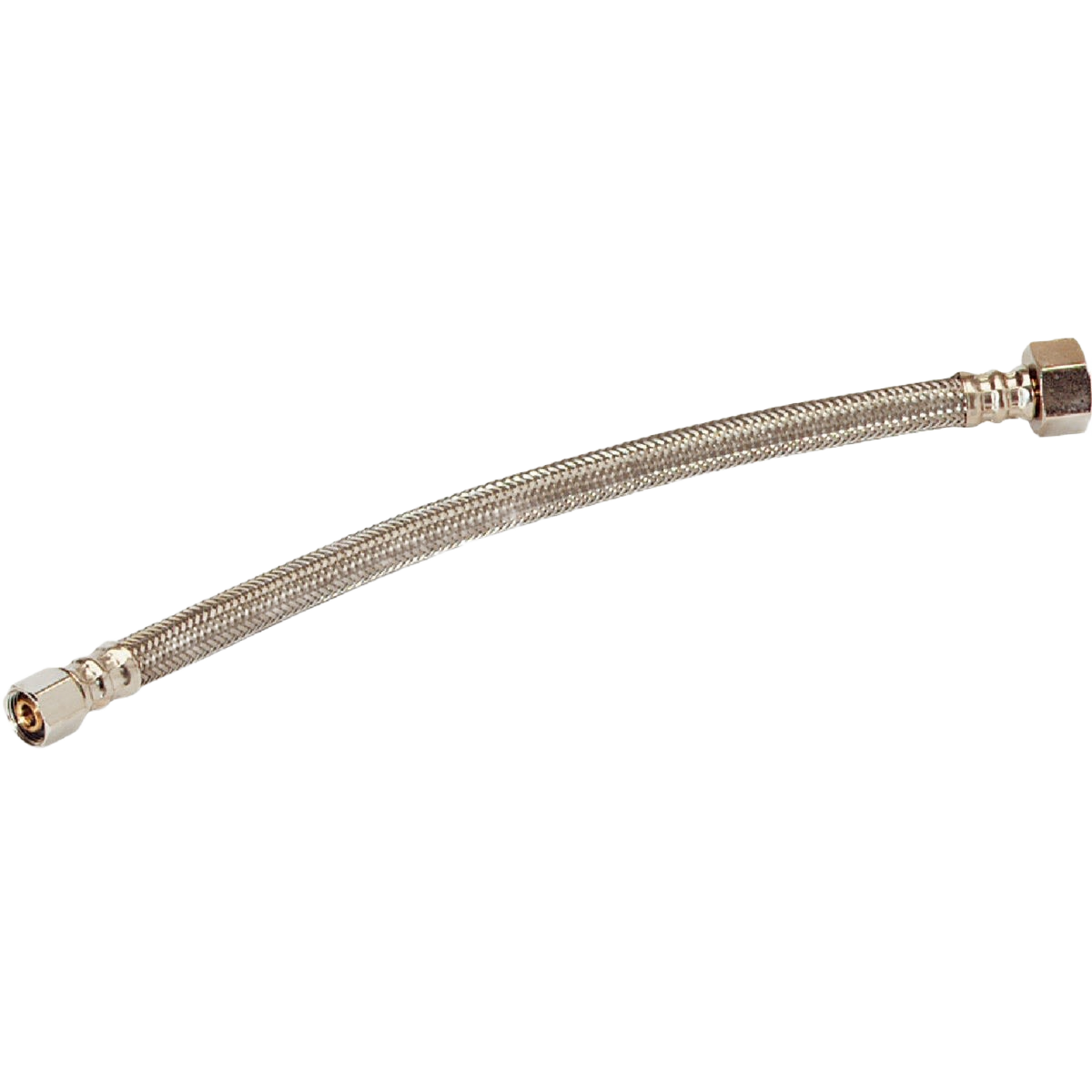 Braided stainless steel faucet connector with 3/8 inch compression and 1/2 inch female fittings for plumbing repair.