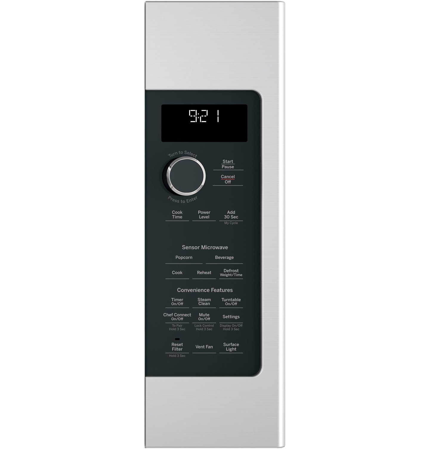 Stainless steel microwave control panel with digital clock, dial, and sensor cooking buttons from kitchenware appliances collection