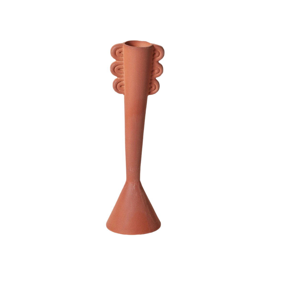 Tall terracotta bud vase with decorative side accents for elegant home decor displays