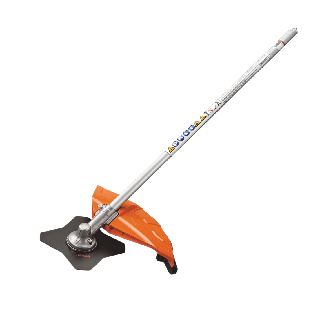 Heavy-duty brushcutter attachment with metal shaft and orange guard for STIHL parts and home improvement tools collections