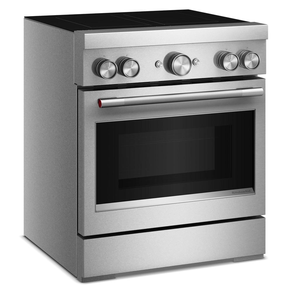 Stainless steel 30-inch freestanding induction range with four control knobs from KitchenAid at Hartville Hardware