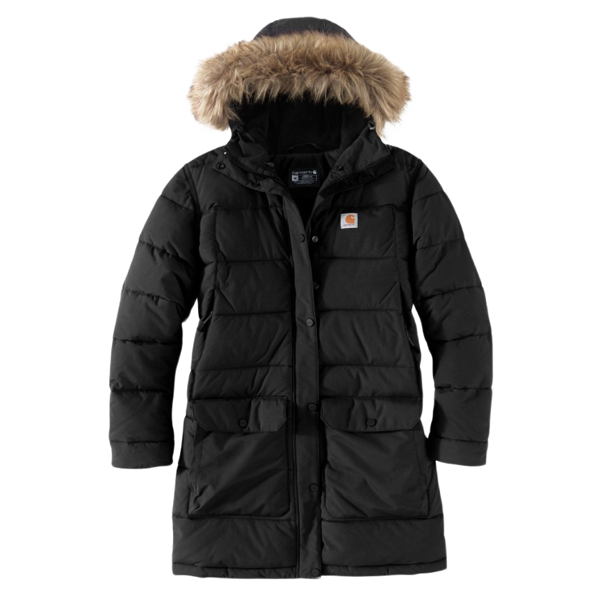 Women's insulated black winter coat with fur-trimmed hood and front pockets for cold weather protection