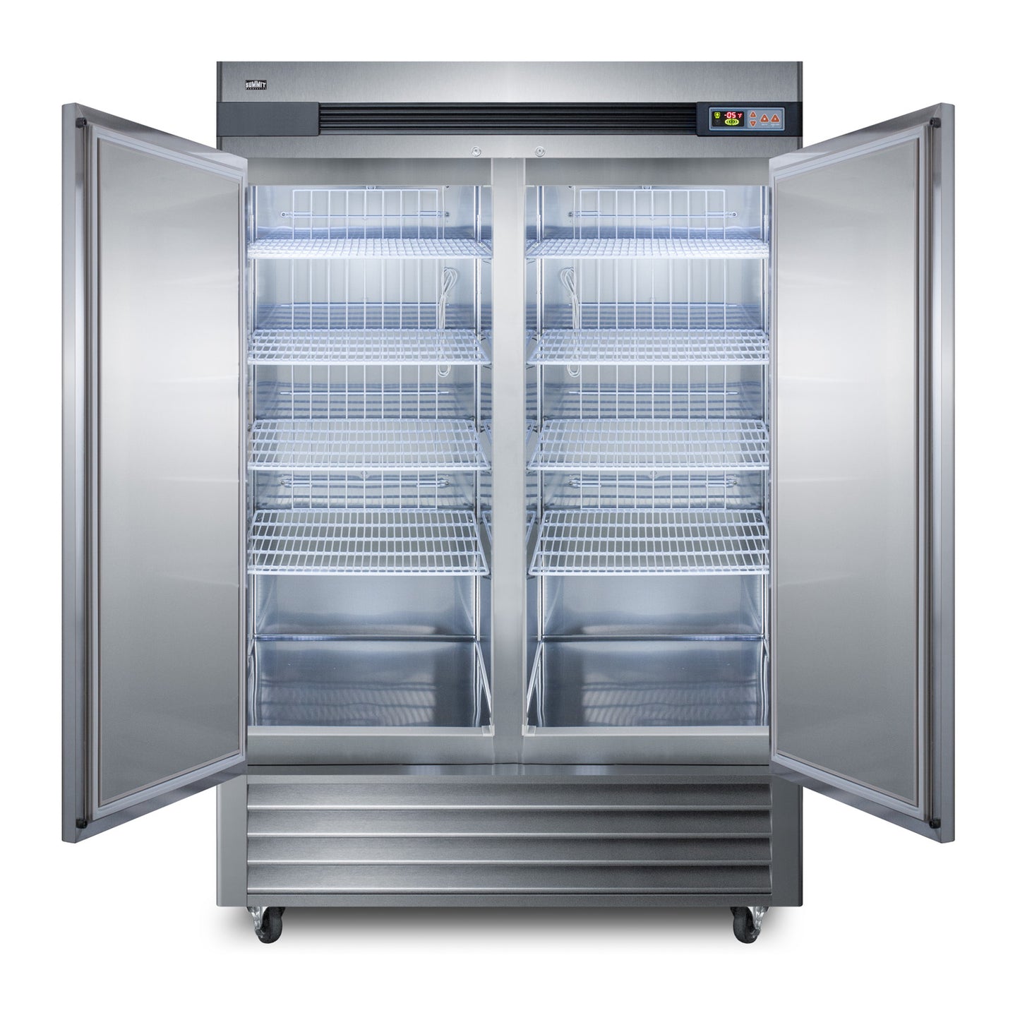 Stainless steel commercial reach-in refrigerator with double doors open showing illuminated interior shelving and cooling system