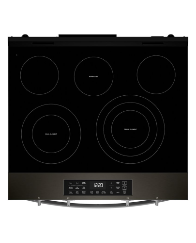 30-inch electric smart range cooktop with black smooth surface, five heating elements, and digital control panel in kitchen appliances