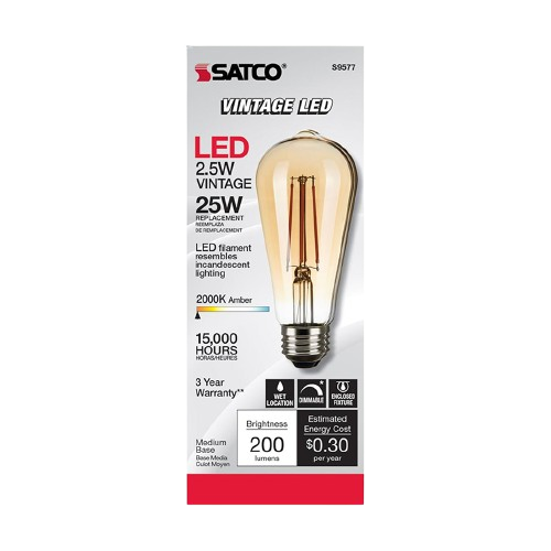 Amber-toned vintage style LED light bulb with LED filaments, medium base, designed for home improvement use