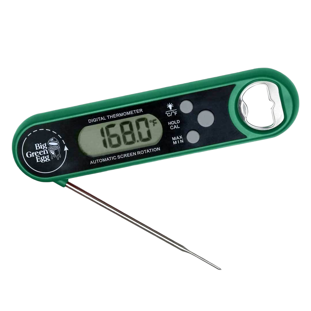 Green digital instant read thermometer with bottle opener and fold-out probe, for grilling and outdoor cooking tools
