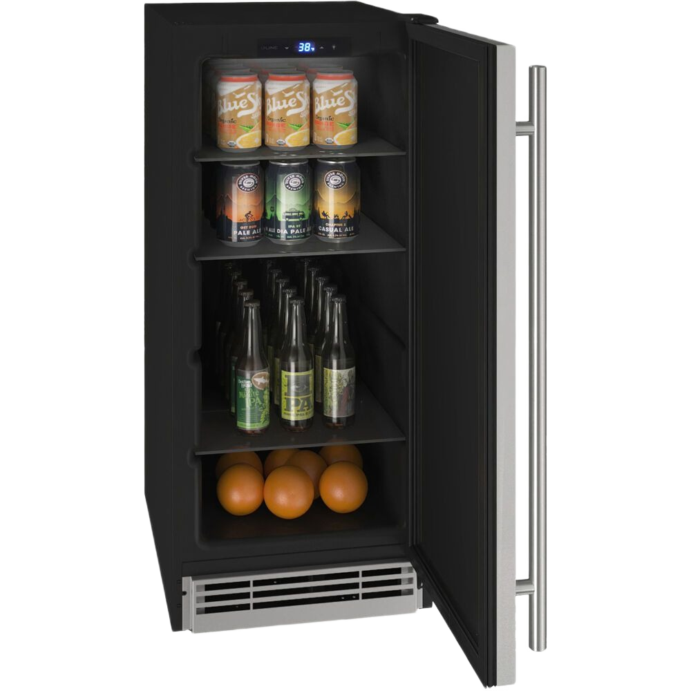 Black compact refrigerator with open door displaying beverages and fruit, digital temperature display from Refrigerators collection