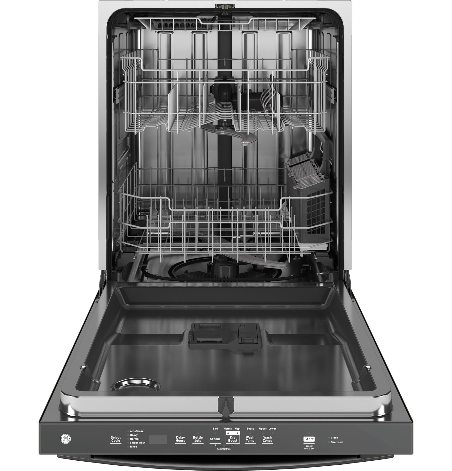 Open stainless steel dishwasher with adjustable racks and controls on the door from kitchen appliances collection