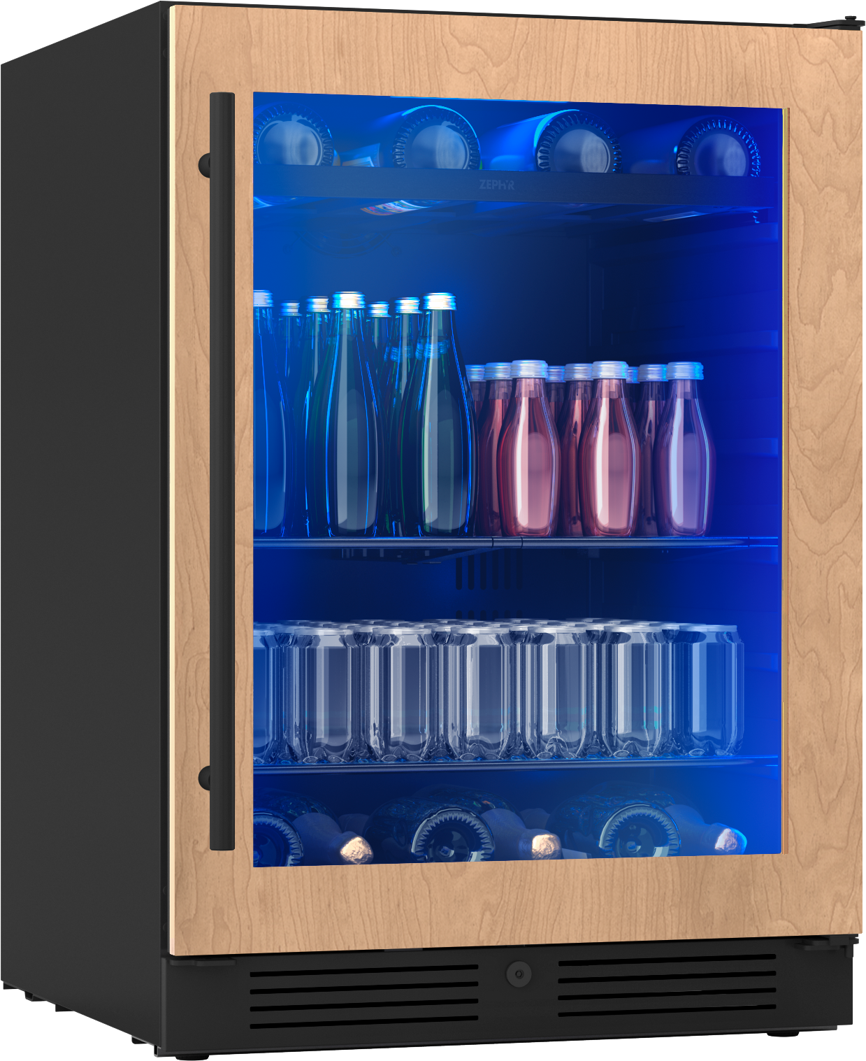 Panel-ready beverage cooler with wood trim and glass door illuminated by blue light, storing assorted bottles and cans in Refrigerators collection