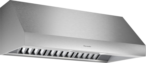 Sleek stainless steel 48-inch professional wall hood in Thermador range hoods and kitchen appliance collection