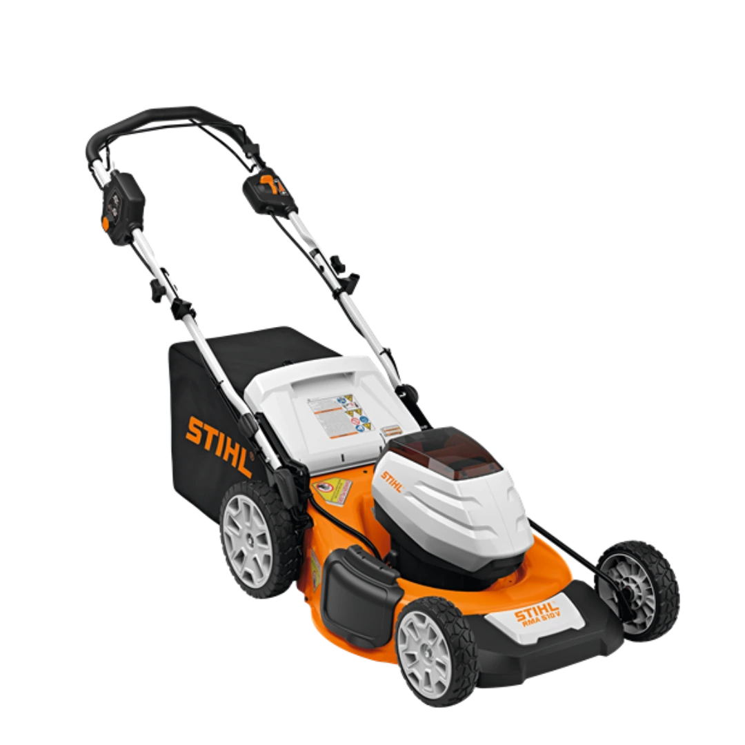 Orange and white STIHL battery-powered self-propelled lawn mower with black grass catcher bag and adjustable handle