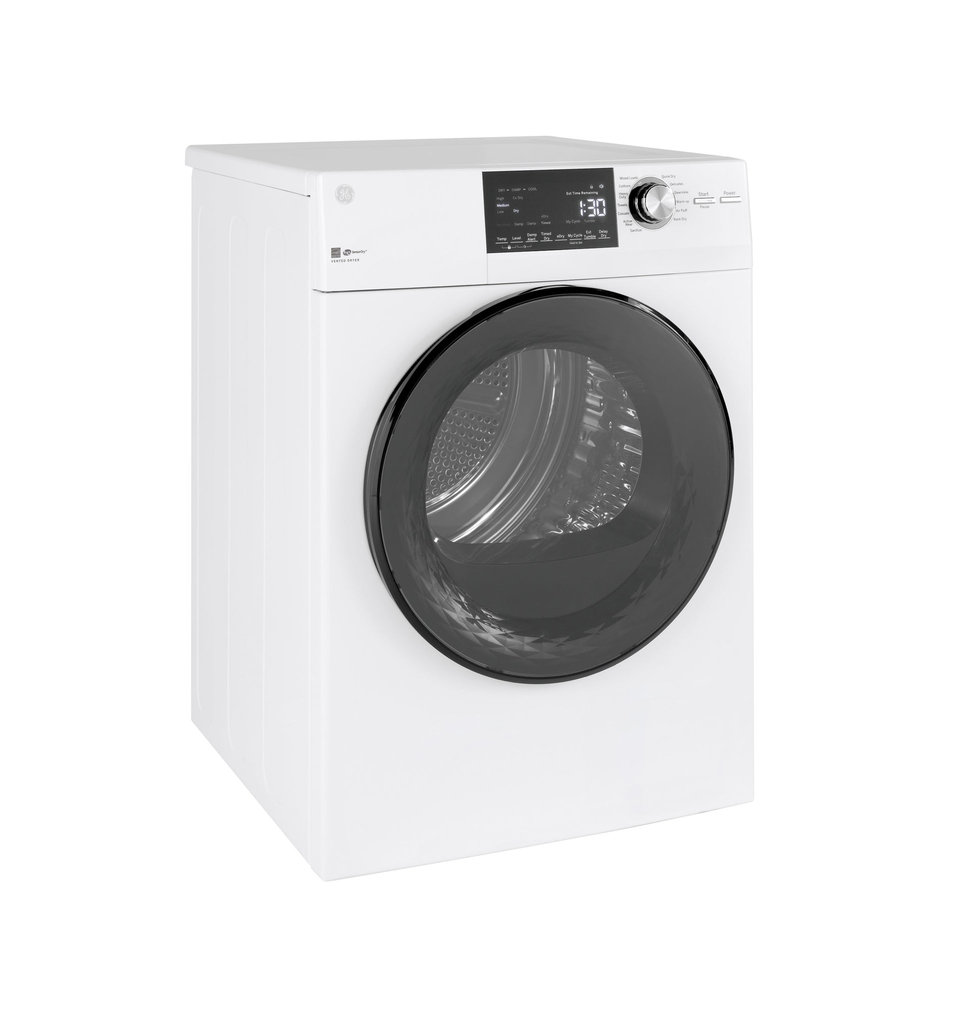 White front-load electric dryer with digital controls and large tinted door in dryers and appliances collection