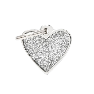 Small heart-shaped ID tag with grey glitter finish and silver metal edge for personalized accessories