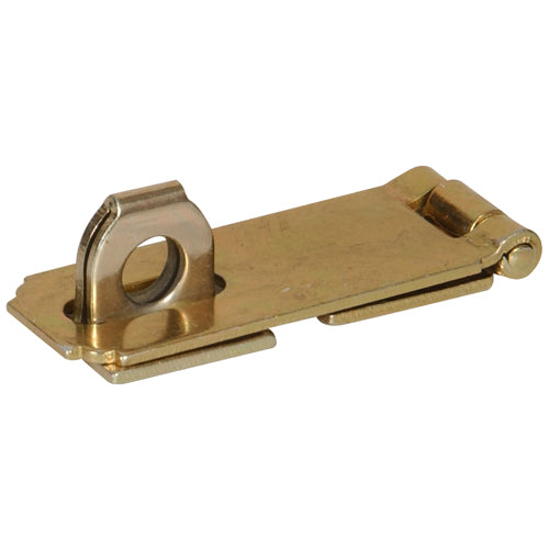 Zinc plated fixed staple hasp with yellow dichromate finish for securing doors and cabinets in hardware collection