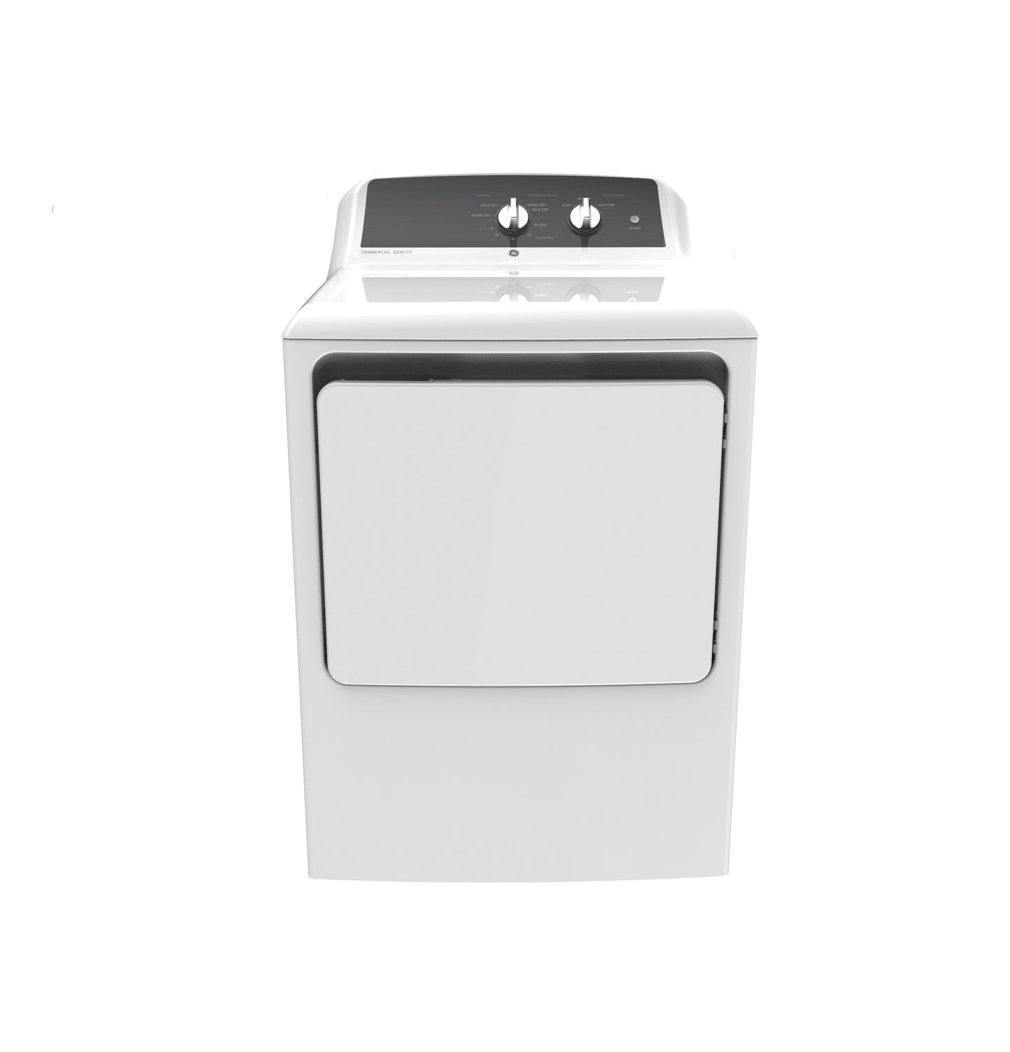 White electric dryer with front door and dual control knobs for home appliances and laundry use