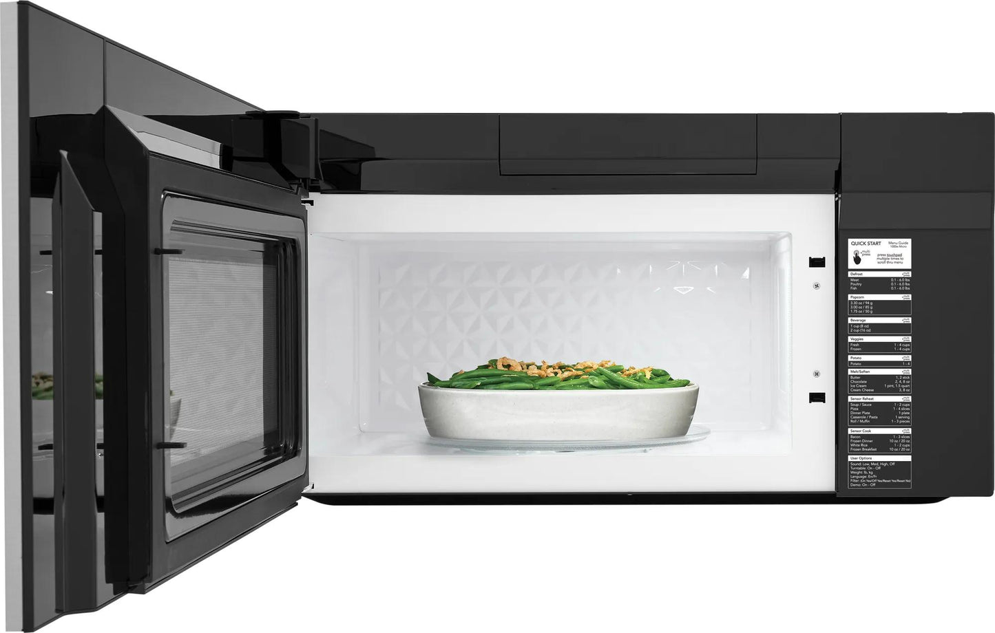 Black over-the-range microwave with open door showing white interior and a bowl of food inside from Microwaves collection