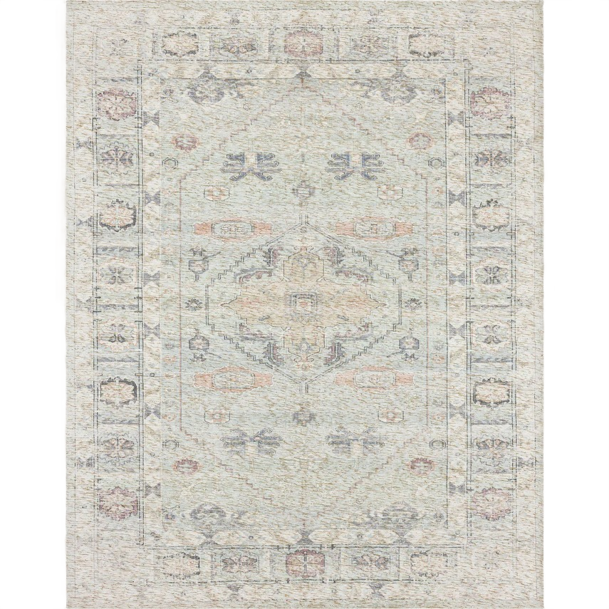 Light teal area rug with traditional ornate pattern for home improvement and interior decor applications