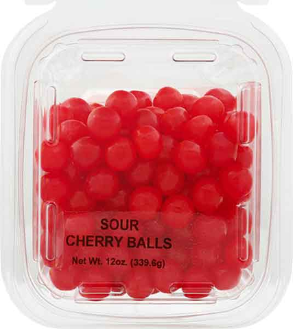 Clear plastic container filled with bright red sour cherry candy balls from the Chocolates & Candies collection