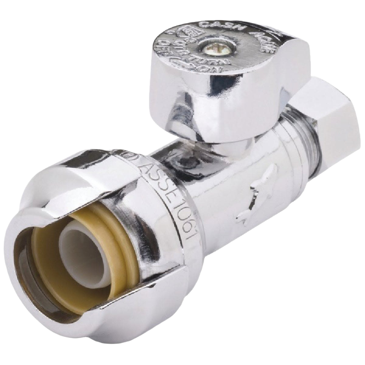 Brass compression stop valve with chrome finish and quarter-turn handle for home improvement and plumbing use