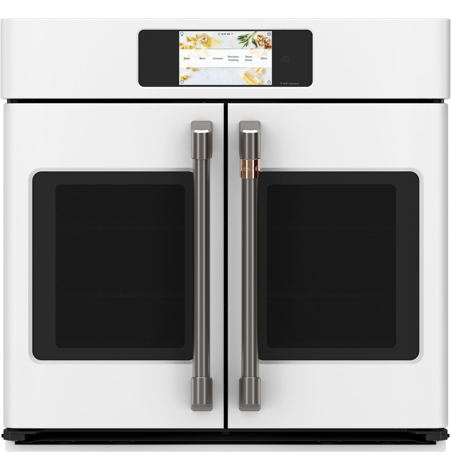 White built-in dual French-door convection wall oven with touchscreen and metal handles in modern kitchen appliances collection
