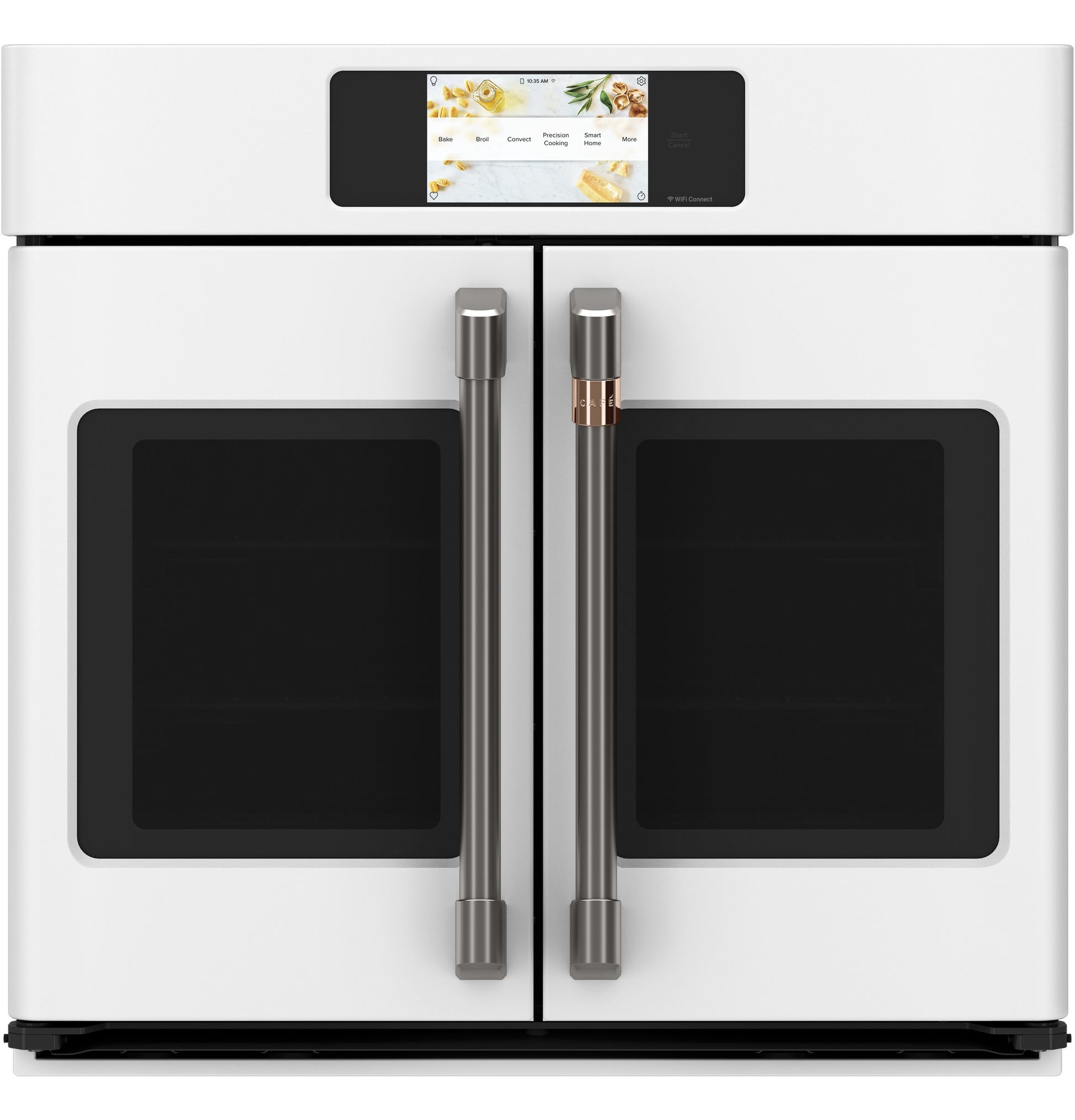 White built-in dual French-door convection wall oven with touchscreen and metal handles in modern kitchen appliances collection