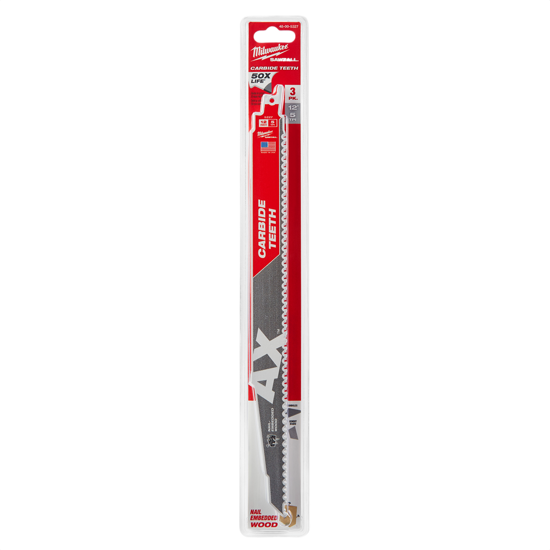 Pack of three 12-inch saw blades with carbide teeth 5TPI designed for cutting wood in home improvement tasks