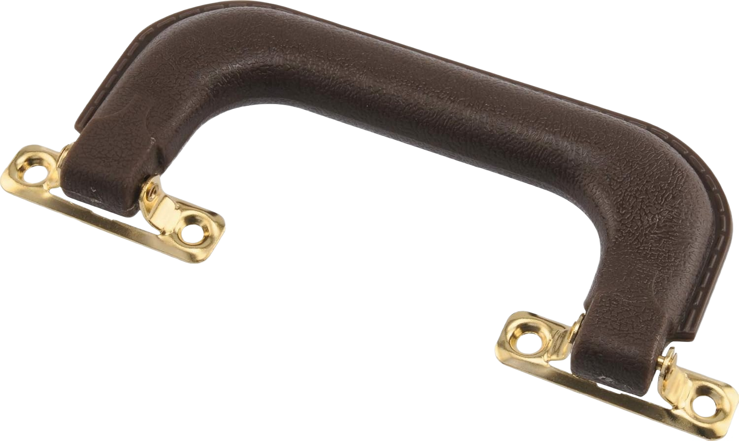 Brown luggage handle with gold-tone metal mounting brackets for cabinet and furniture hardware collection under $25