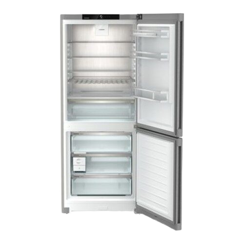 Freestanding refrigerator freezer with open doors showing adjustable shelves and clear bins in kitchen appliances collection