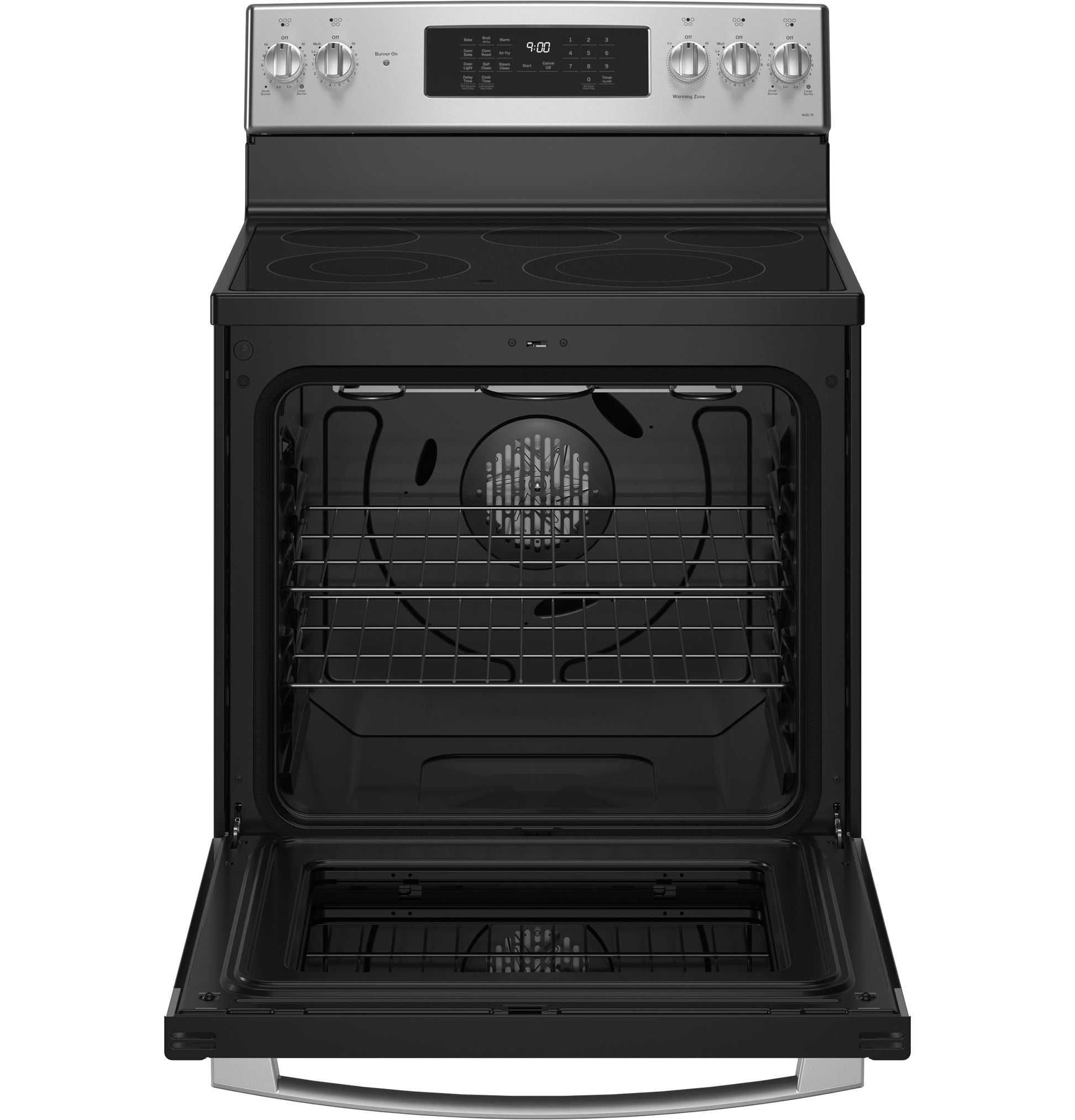 Open black electric convection oven with smooth cooktop and stainless steel control panel in kitchen appliances collection