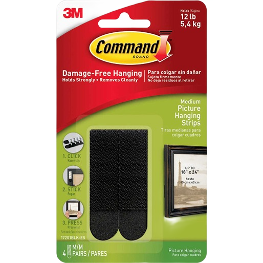 Package of medium-sized black interlocking picture hanging strips for damage-free mounting in home improvement projects