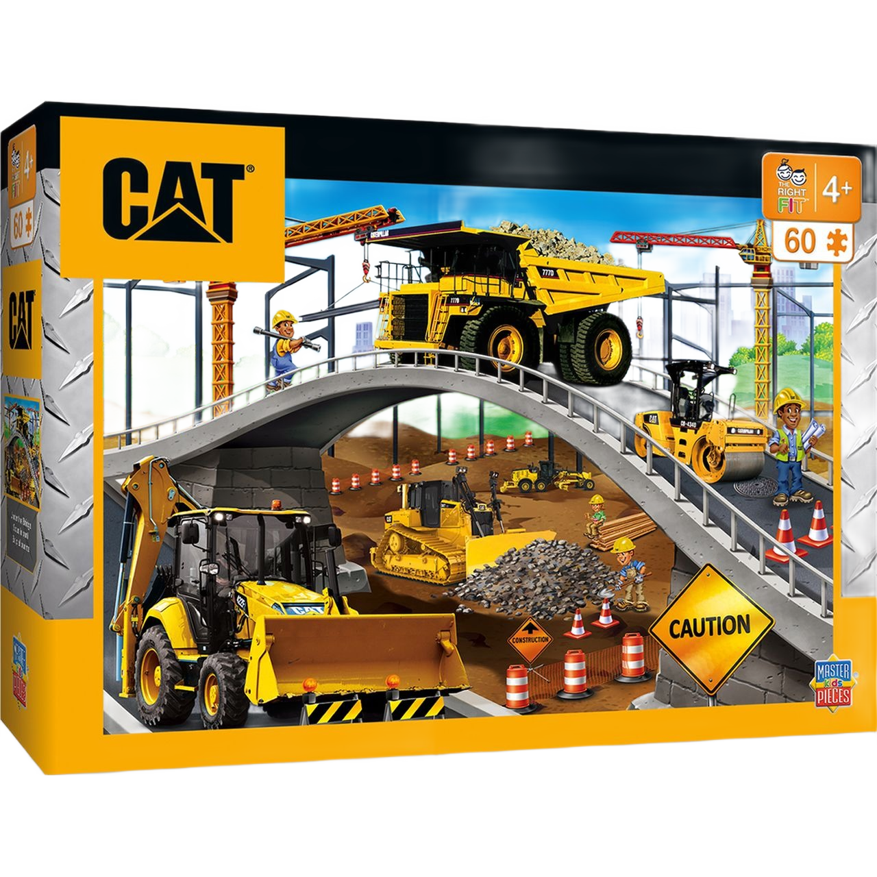 Children’s 60-piece jigsaw puzzle featuring construction vehicles and workers under a bridge scene