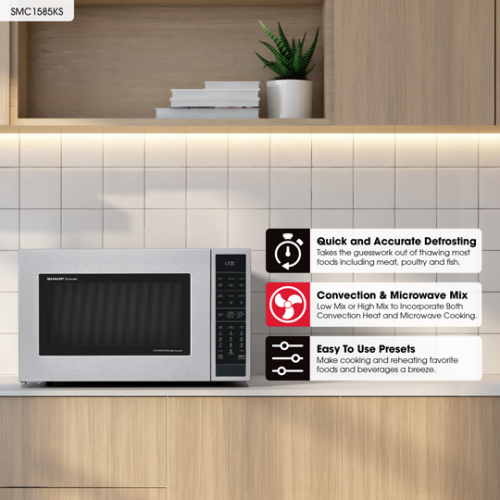 Stainless steel countertop microwave oven with digital control panel and convection cooking features in kitchen appliances collection