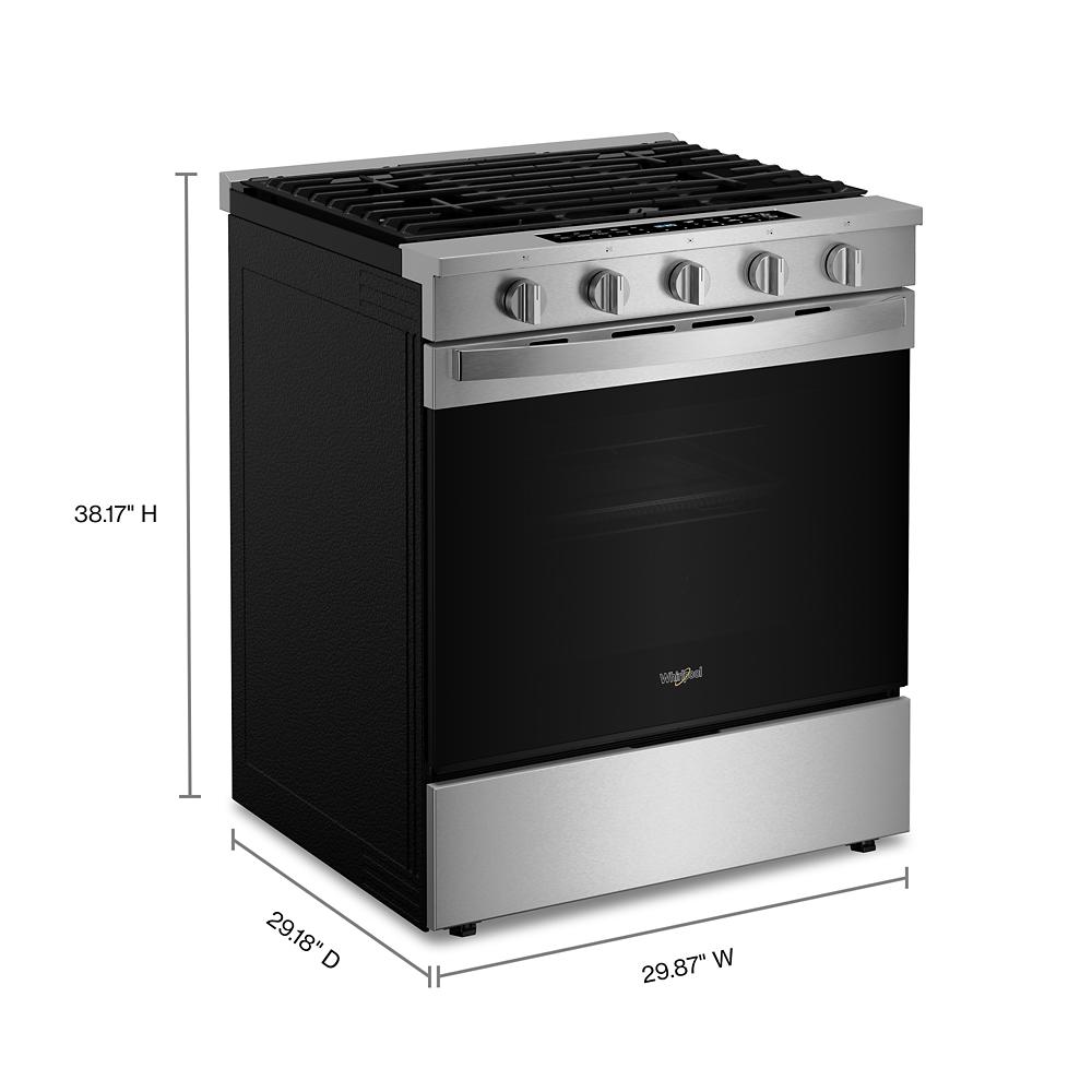 30-inch stainless steel slide-in gas range with front control knobs for kitchen and home improvement use