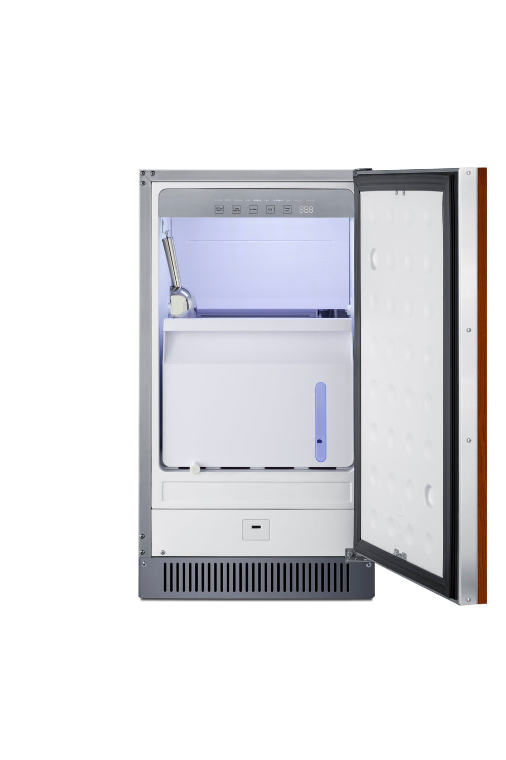 Open undercounter clear icemaker with digital control panel, ice scoop, and wooden side panel in Appliances and Kitchen collections